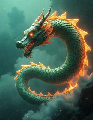 Primary subject: A green dragon with a long neck and a red mouth.

Setting/background: The dragon is in a dark, cloudy sky, with a rocky surface visible in the background.

Visual style: The image is a digital art or illustration, featuring a detailed and vibrant dragon.

Colors and mood: The dragon has a predominantly green color, with a red mouth and a yellowish-orange hue in the background. The overall atmosphere is dark